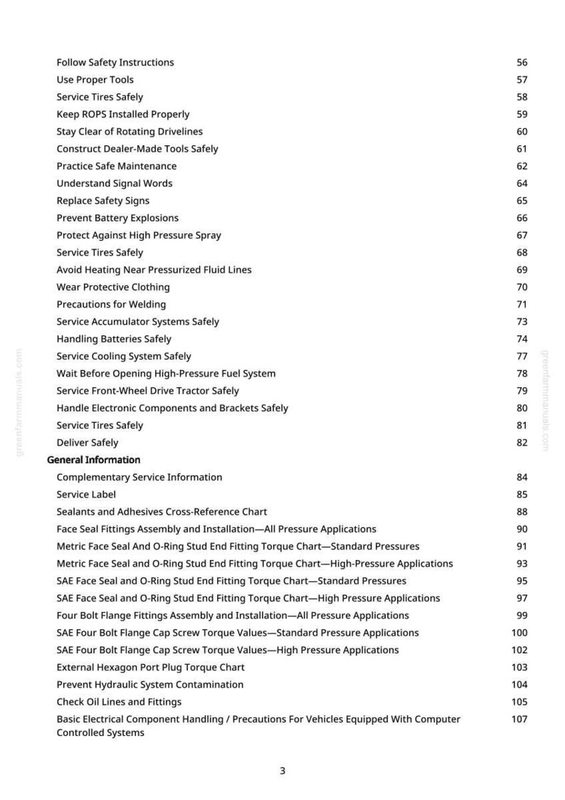 May include: A page from a manual with a list of safety instructions and technical information. The text includes topics like "Service Tires Safely" and "Prevent Battery Explosions." The page number is visible at the bottom.