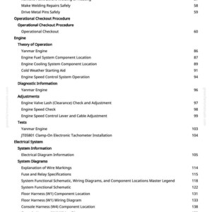 May include: A white page with a detailed table of contents from a manual. The text includes sections on engine operation, electrical systems, and wiring diagrams. Page numbers are listed on the right.