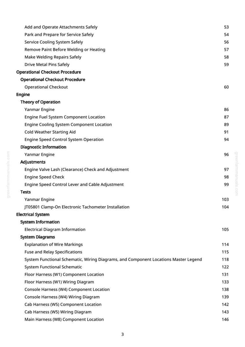 May include: A white page with a detailed table of contents from a manual. The text includes sections on engine operation, electrical systems, and wiring diagrams. Page numbers are listed on the right.