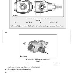 May include: Diagram of a repair procedure for a main drive gear case, with detailed illustrations of the components. The image includes labels for spline teeth and a hexagonal edge, with instructions for alignment. The text reads "IMPORTANT:" and "ZX1049233-UN: Repair Main Drive Gear Case."