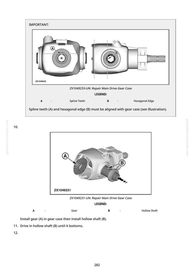 May include: Diagram of a repair procedure for a main drive gear case, with detailed illustrations of the components. The image includes labels for spline teeth and a hexagonal edge, with instructions for alignment. The text reads "IMPORTANT:" and "ZX1049233-UN: Repair Main Drive Gear Case."