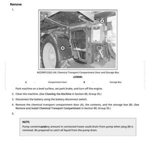 May include: Diagram illustrating the removal and installation of a fast fill pump and motor within a machine's compartment, labelled A and B. Includes instructions and a warning about liquid drainage.