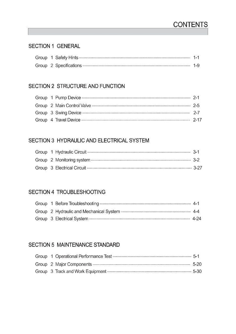 May include: A white document with the title "CONTENTS" at the top. The document is divided into sections, including "GENERAL", "STRUCTURE AND FUNCTION", "HYDRAULIC AND ELECTRICAL SYSTEM", "TROUBLESHOOTING", and "MAINTENANCE STANDARD". Each section lists groups and page numbers.