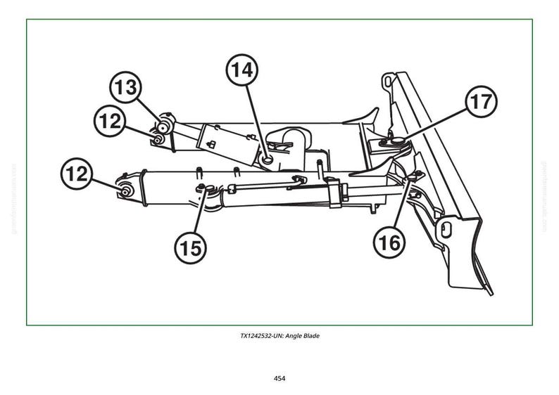 May include: Line drawing of an angle blade assembly with numbered components. The image shows a detailed mechanical diagram with various parts labeled from 12 to 17, including pivot points, rods, and structural elements.