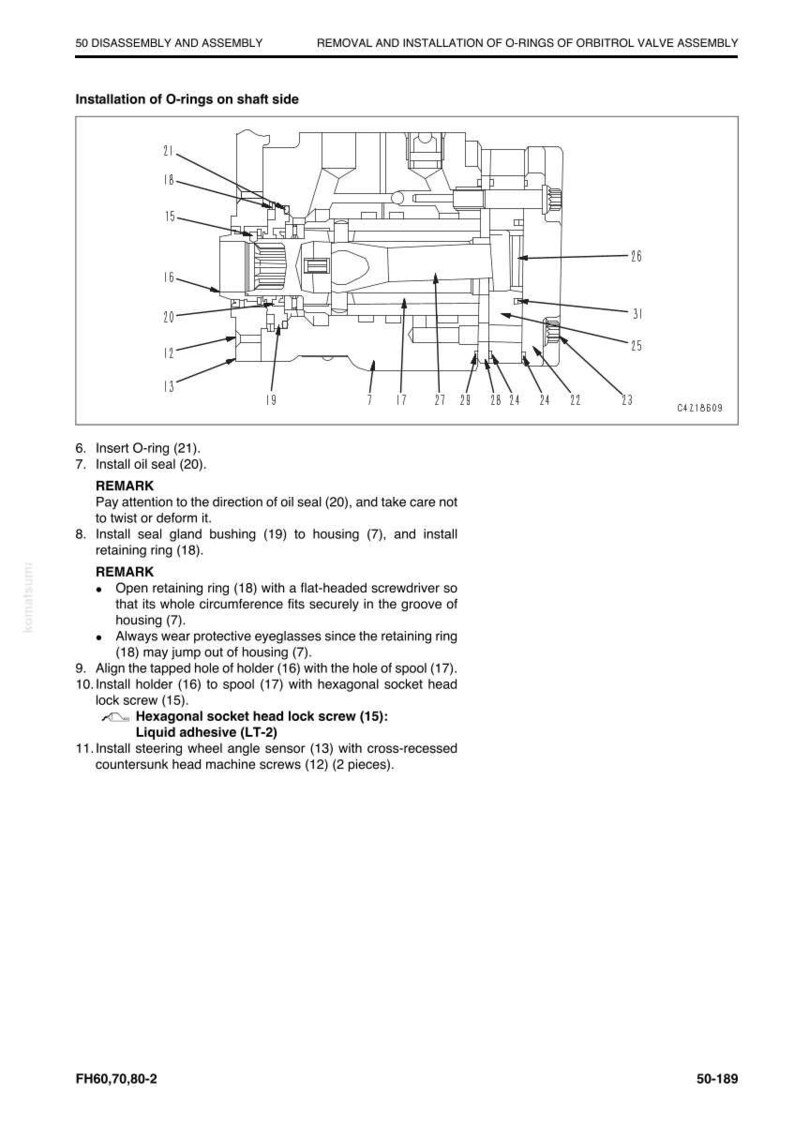 May include: Diagram of an orbitrol valve assembly, showing the installation of O-rings on the shaft side. The diagram includes numbered components, arrows, and text instructions for assembly and disassembly. The image is in black and white.