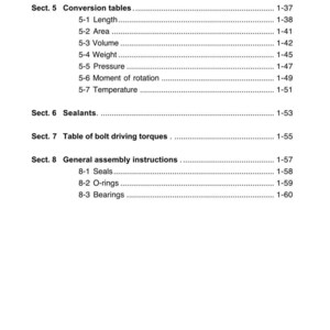 K&ouml;nnte beinhalten: Eine wei&szlig;e Seite mit der &Uuml;berschrift "INTRODUCTION" und "CHAP.1". Die Seite enth&auml;lt ein Inhaltsverzeichnis mit Abschnitten zu Umrechnungstabellen, Dichtstoffen, Schraubendrehmomenten und allgemeinen Montageanweisungen.