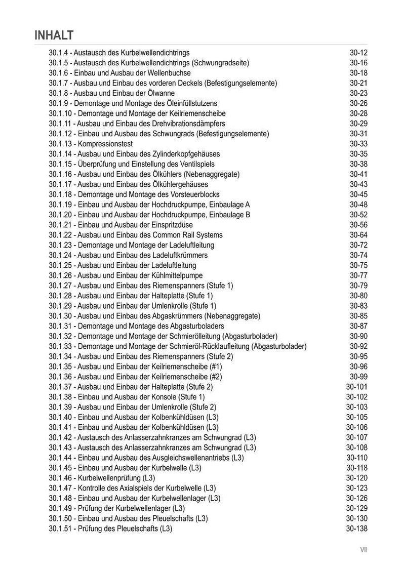 May include: A detailed table of contents in German, listing various engine repair procedures. The document includes sections on components like the crankshaft, cylinder head, and fuel injection system. The page numbers are listed on the right side.