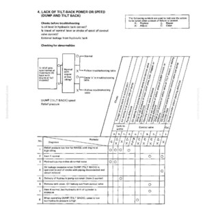 May include: A technical diagram from a manual, detailing troubleshooting steps for a hydraulic system. The page includes a table with numbered diagnoses and remedies, along with diagrams and text. The document is titled "Testing and Adjusting."