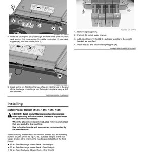 May include: An instructional page titled "Installing" with diagrams and text detailing the installation of ballast weights for a mower. Includes steps for attaching parts and adding John Deere 42 lb suitcase weights.
