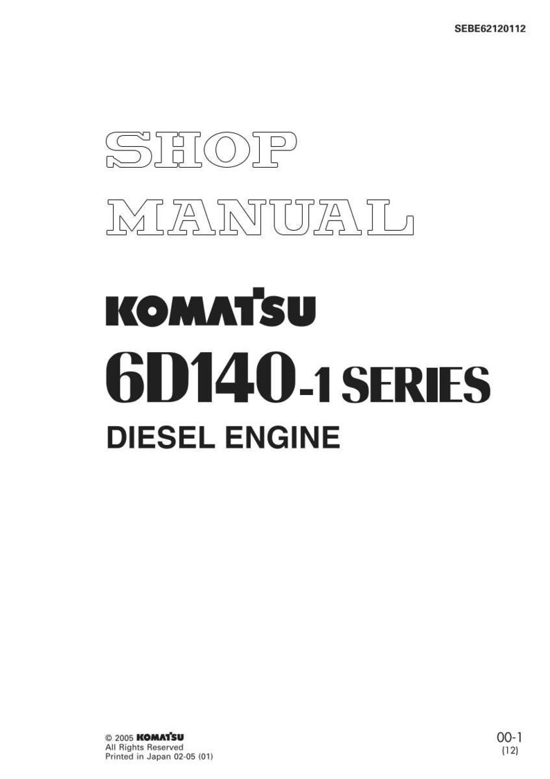 Op de afbeelding: Een witte handleidingomslag met de tekst "SHOP MANUAL" in een omrand lettertype. Daaronder staat de tekst "KOMATSU 6D140-1 SERIES DIESEL ENGINE" in vette, zwarte letters. De afbeelding bevat ook copyrightinformatie.