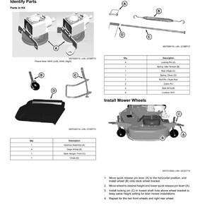 May include: Assembly diagram with parts identification for a mower. Includes images of components like locking pins, springs, and a gearbox assembly. Text instructions detail wheel installation steps.