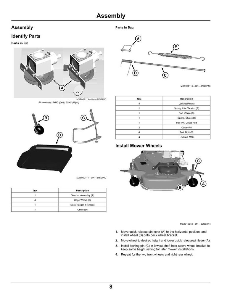 May include: Assembly diagram with parts identification for a mower. Includes images of components like locking pins, springs, and a gearbox assembly. Text instructions detail wheel installation steps.