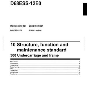 May include: Shop manual for a bulldozer, model D68ESS-12E0. The document includes sections on structure, function, and maintenance standards, specifically focusing on the undercarriage and frame. The Komatsu logo is visible at the bottom.