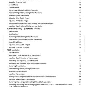 May include: A page from a manual with a list of tractor repair procedures. Titles include "Carraro Clutch Assembly", "LUK Clutch Assembly", and "TSS Transmission". Page numbers are visible on the right side.