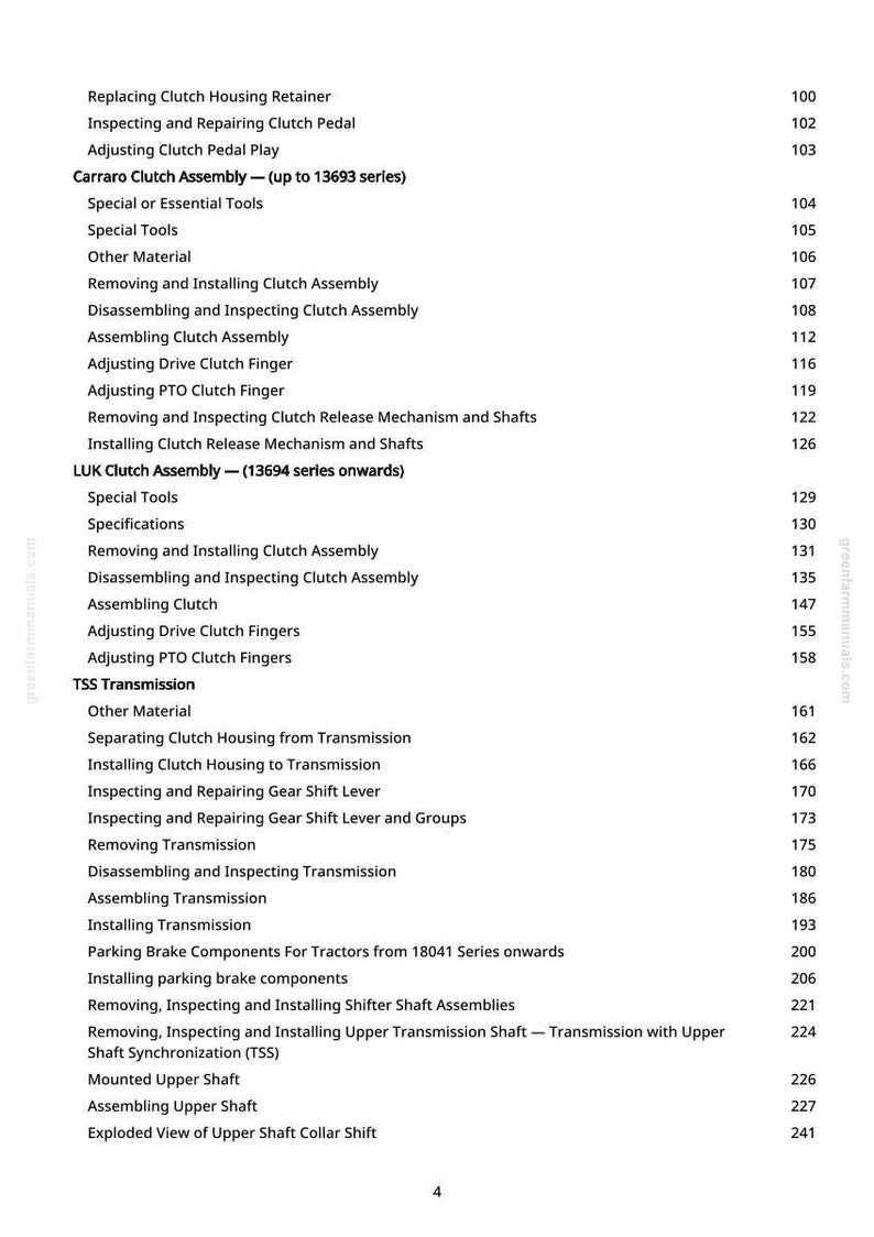 May include: A page from a manual with a list of tractor repair procedures. Titles include "Carraro Clutch Assembly", "LUK Clutch Assembly", and "TSS Transmission". Page numbers are visible on the right side.