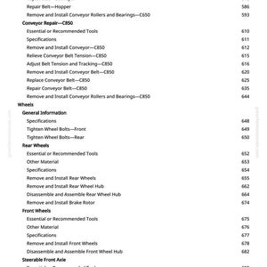 May include: A detailed table of contents from a manual, with a white background and black text. The document lists various repair and maintenance procedures for machinery, including conveyor belts, wheels, and axles.