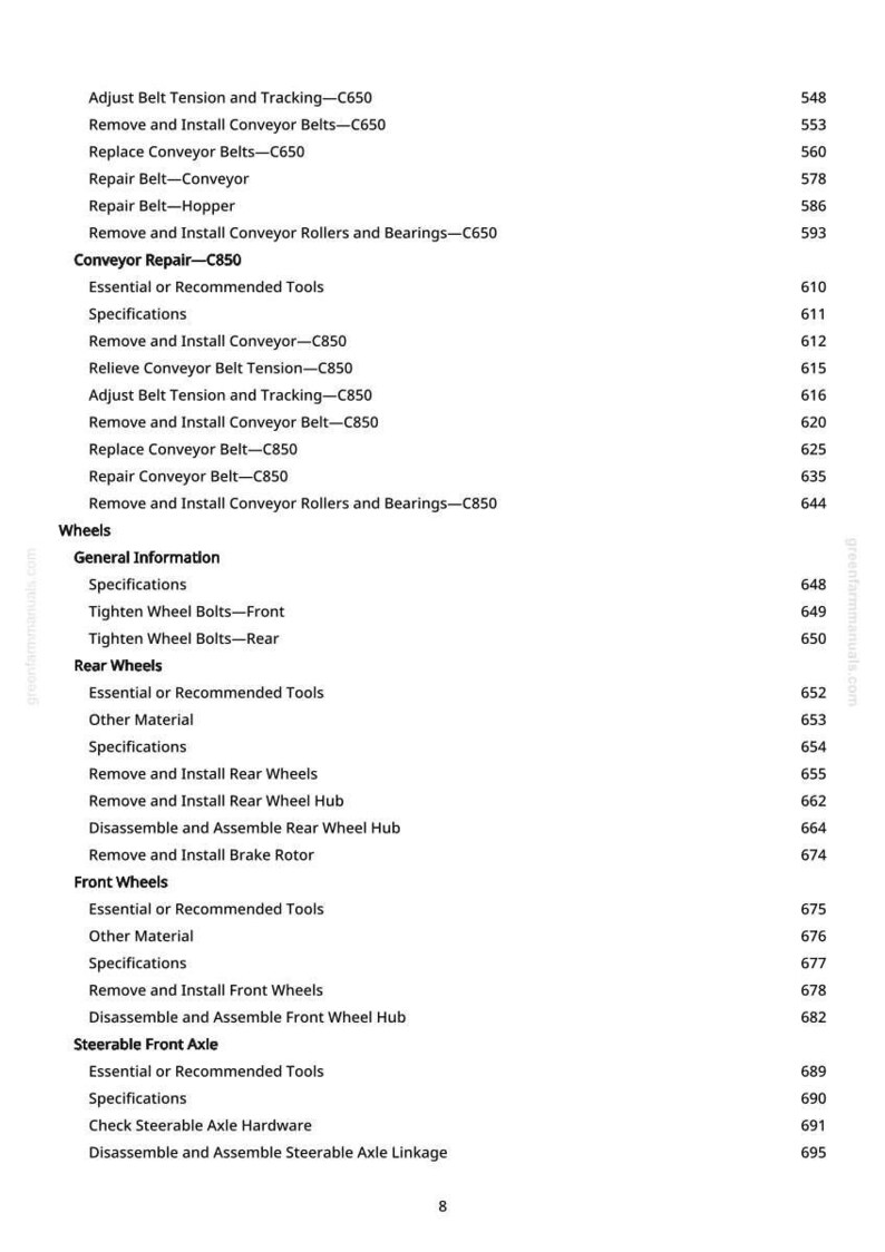 May include: A detailed table of contents from a manual, with a white background and black text. The document lists various repair and maintenance procedures for machinery, including conveyor belts, wheels, and axles.