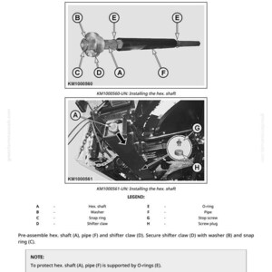 May include: Diagram illustrating the installation of a hex shaft on a main frame, with labeled components and a legend. The image includes detailed views and instructions for assembly, with references to O-rings and screw plugs.