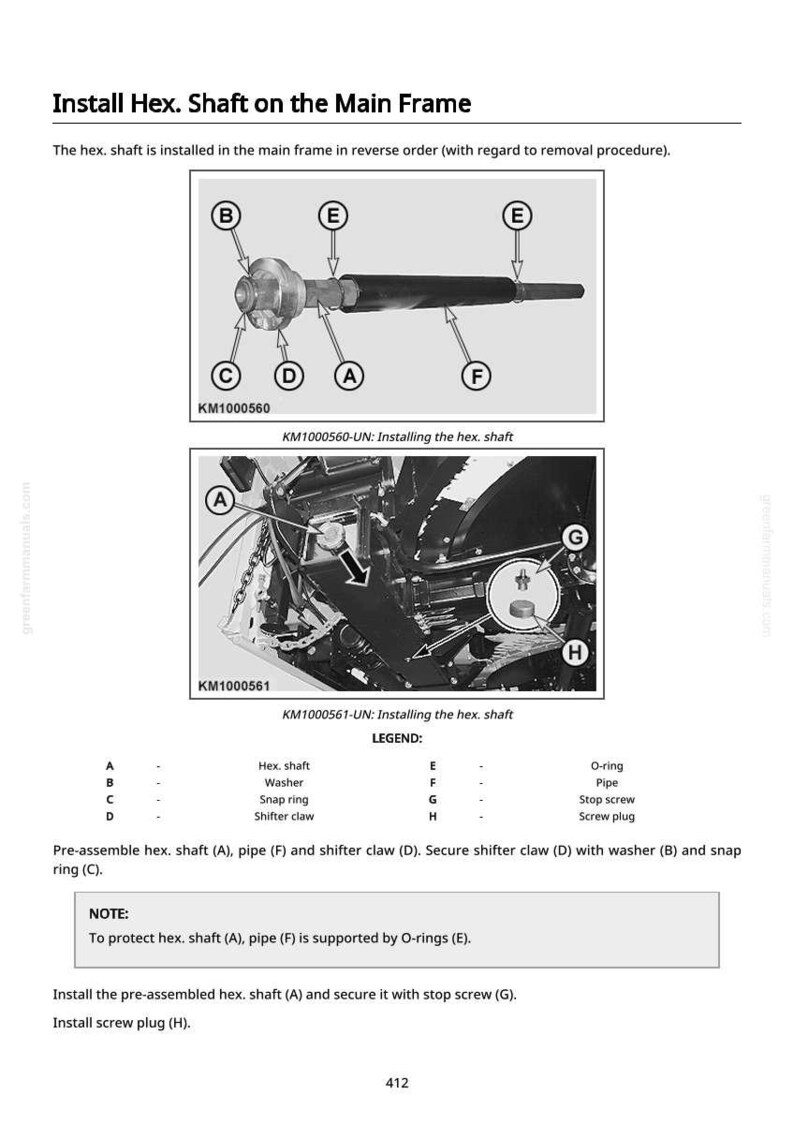 May include: Diagram illustrating the installation of a hex shaft on a main frame, with labeled components and a legend. The image includes detailed views and instructions for assembly, with references to O-rings and screw plugs.