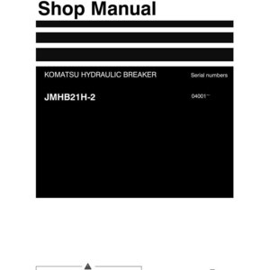 Op de afbeelding: Een witte werkplaatshandleiding voor een Komatsu hydraulische breker, model JMHB21H-2. De handleiding bevat de tekst "Shop Manual" en "Serial numbers". Het Komatsu-logo is onderaan zichtbaar.