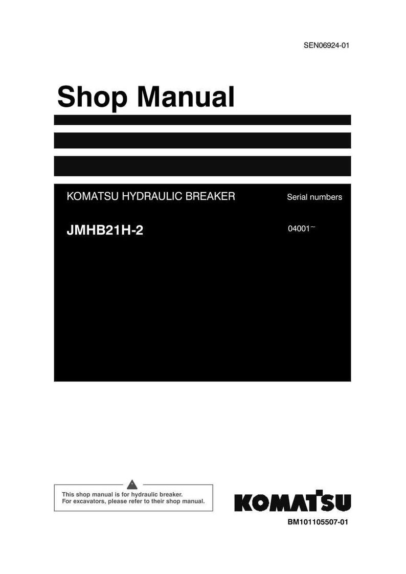 Op de afbeelding: Een witte werkplaatshandleiding voor een Komatsu hydraulische breker, model JMHB21H-2. De handleiding bevat de tekst "Shop Manual" en "Serial numbers". Het Komatsu-logo is onderaan zichtbaar.