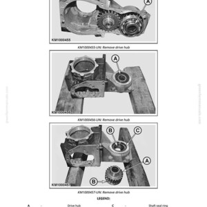 May include: Technical diagrams illustrating the removal of a drive hub, with labels A, B, and C. The diagrams show various components, including a drive hub, ball bearing, and shaft seal ring. Text indicates the steps for disassembly.