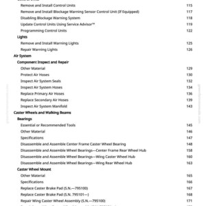 May include: A detailed table of contents from a manual, listing various repair and maintenance procedures. Topics include control units, lights, air systems, caster wheels, and bearings. The page numbers are listed on the right.