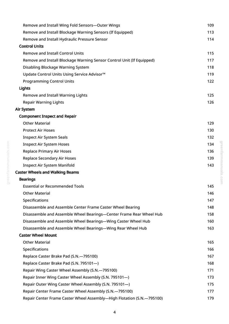 May include: A detailed table of contents from a manual, listing various repair and maintenance procedures. Topics include control units, lights, air systems, caster wheels, and bearings. The page numbers are listed on the right.