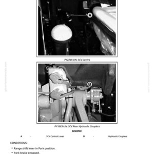 May include: Diagram of a selective control valve check, featuring close-up views of SCV levers and rear hydraulic couplers. The image includes labels, legends, and operating conditions for the valve check procedure. Text includes "Selective Control Valve Check" and "SCV Control Lever".