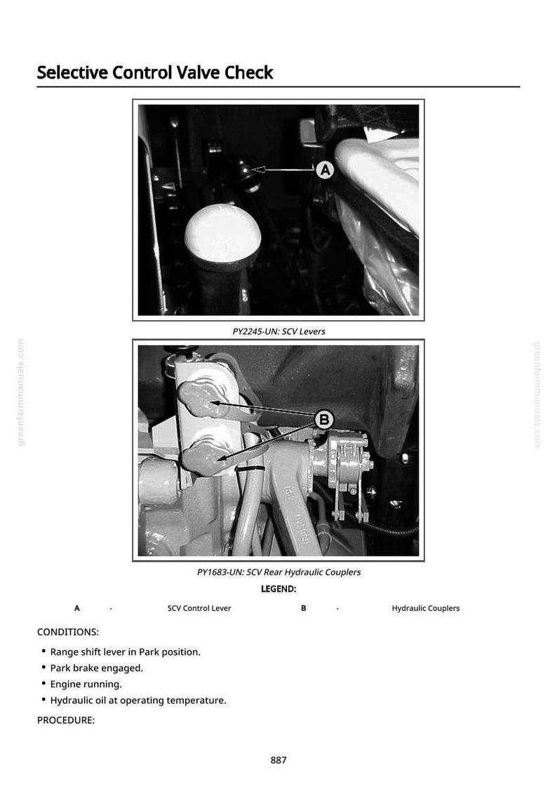May include: Diagram of a selective control valve check, featuring close-up views of SCV levers and rear hydraulic couplers. The image includes labels, legends, and operating conditions for the valve check procedure. Text includes "Selective Control Valve Check" and "SCV Control Lever".