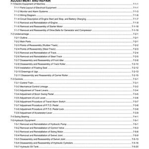 May include: A detailed contents page from a manual, titled "Chapter 7 Adjustment and Repair." The text lists procedures for electrical equipment, undercarriage, controls, hydraulic equipment, and work implements. The page is white with black text.