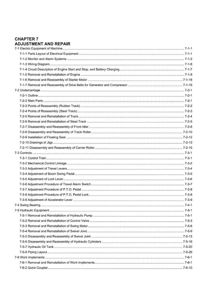 May include: A detailed contents page from a manual, titled "Chapter 7 Adjustment and Repair." The text lists procedures for electrical equipment, undercarriage, controls, hydraulic equipment, and work implements. The page is white with black text.