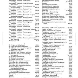 May include: A black and white printed index page from a Komatsu manual, listing various engine and machinery repair and maintenance procedures. The page includes a table of contents and troubleshooting sections.