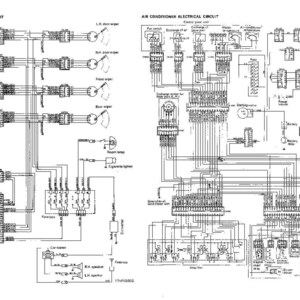 May include: A detailed black and white diagram of an automotive electrical system, including circuits for the cab, air conditioning, and other components. The diagram includes labels for various parts and systems.