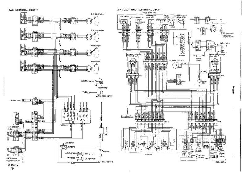 May include: A detailed black and white diagram of an automotive electrical system, including circuits for the cab, air conditioning, and other components. The diagram includes labels for various parts and systems.