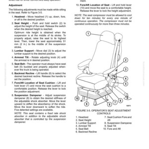 K&ouml;nnte beinhalten: Diagramm eines Fahrersitzes mit nummerierten Einstellreglern. Merkmale sind Kopfst&uuml;tze, Sitzh&ouml;he, Lordosenst&uuml;tze, Armlehnenneigung, Sicherheitsgurt, R&uuml;ckenlehnenneigung und Sitzkissenverstellungen. Text beschreibt die Funktionen des Sitzes.