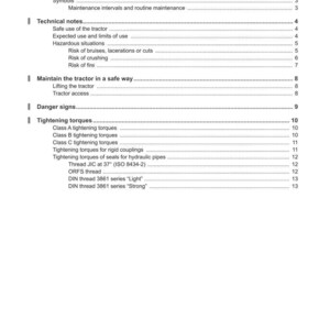 May include: A page from a manual with the title "CONTENTS" and the Argo Tractors logo. The document lists various sections, including "Introduction," "Technical notes," and "Tightening torques." The page is white with black text.