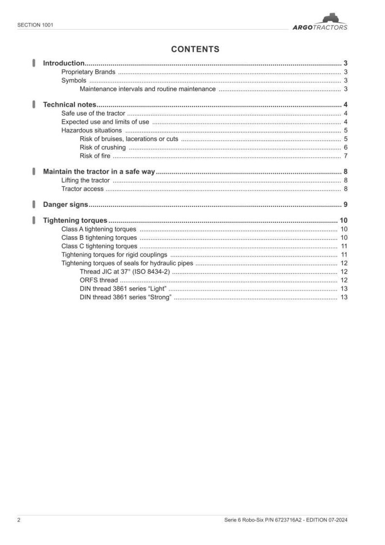May include: A page from a manual with the title "CONTENTS" and the Argo Tractors logo. The document lists various sections, including "Introduction," "Technical notes," and "Tightening torques." The page is white with black text.