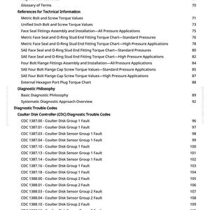 May include: A page from a manual with a table of contents. The document lists technical references, diagnostic philosophy, and diagnostic trouble codes. The text includes terms like "Torque Values" and "Coulter Disk Controller (CDC)".