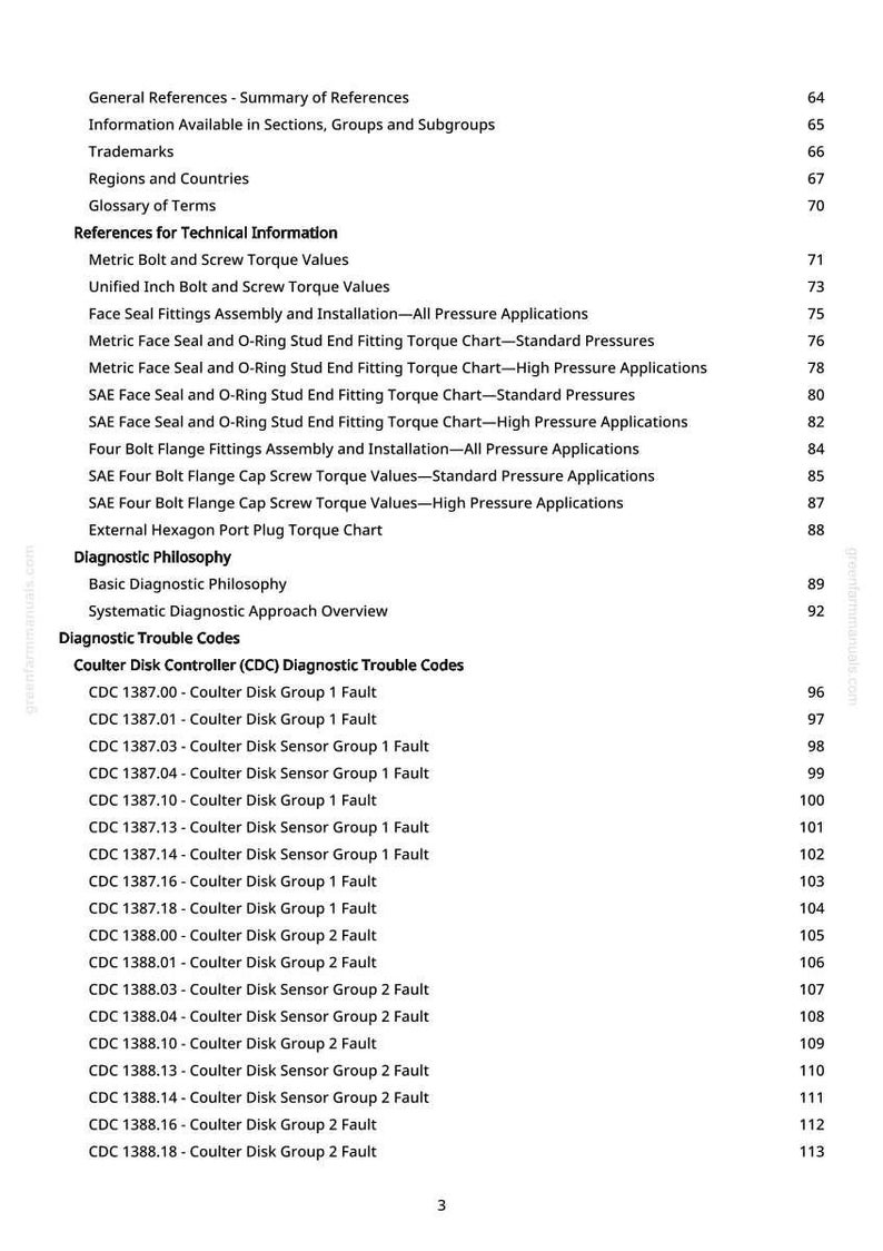 May include: A page from a manual with a table of contents. The document lists technical references, diagnostic philosophy, and diagnostic trouble codes. The text includes terms like "Torque Values" and "Coulter Disk Controller (CDC)".