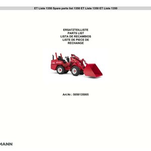 K&ouml;nnte beinhalten: Ein roter Weidemann 1350 Minilader mit Frontschaufel, vor wei&szlig;em Hintergrund. Das Bild enth&auml;lt Text in mehreren Sprachen: Ersatzteilliste, Parts List, Lista de Recambios und Liste de Pi&egrave;ce de Rechange. Die Artikelnummer lautet 5056135005.