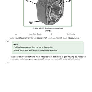 May include: Diagram of a gear housing with square seals, labeled A and B, and a snap ring. The text reads "T8120001838-UN: Gear Housing Square Seals." Instructions include installing the snap ring and greasing the seals.