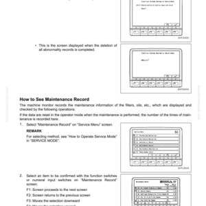 Pu&ograve; includere: Una pagina di un manuale del monitor della macchina, intitolata "30 Testing and Adjusting" e "Set and Operate Machine Monitor". Include diagrammi degli schermi del monitor, con istruzioni testuali su come visualizzare e ripristinare i registri di manutenzione.