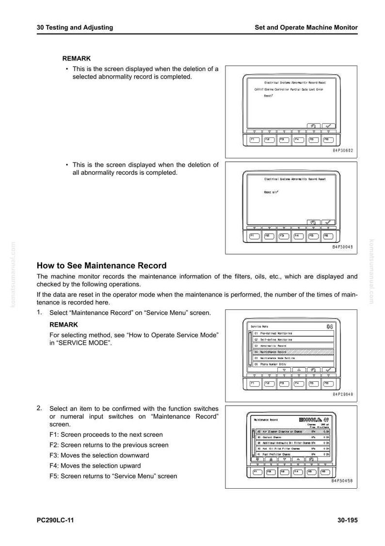 Pu&ograve; includere: Una pagina di un manuale del monitor della macchina, intitolata "30 Testing and Adjusting" e "Set and Operate Machine Monitor". Include diagrammi degli schermi del monitor, con istruzioni testuali su come visualizzare e ripristinare i registri di manutenzione.