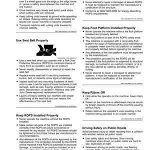 May include: A safety manual page with black text on a white background. The page includes safety guidelines for operating machinery, covering topics like seat belt use, ROPS installation, and safe driving practices on public roads.