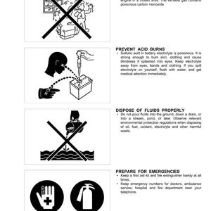 May include: A safety instructions sheet with black and white illustrations and text. The sheet includes warnings about ventilation, acid burns, fluid disposal, and emergency preparedness. The text includes the phrase "SAFETY INSTRUCTIONS".