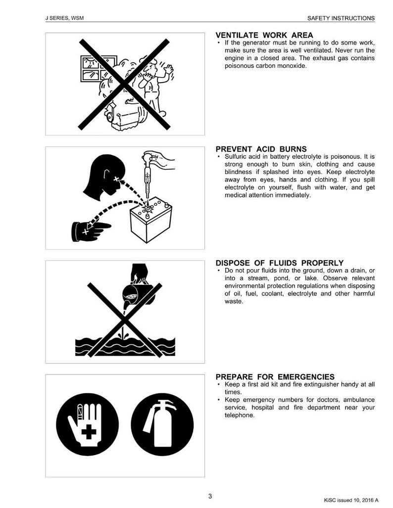 May include: A safety instructions sheet with black and white illustrations and text. The sheet includes warnings about ventilation, acid burns, fluid disposal, and emergency preparedness. The text includes the phrase "SAFETY INSTRUCTIONS".