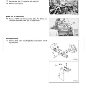 May include: Diagram of a vehicle engine assembly with labels and part numbers. The image includes detailed illustrations of components such as connectors, tubes, filters, and brackets, with text instructions for disassembly.