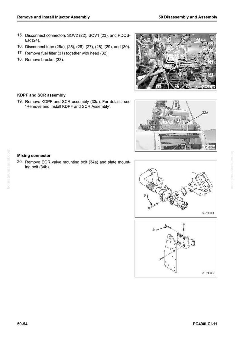May include: Diagram of a vehicle engine assembly with labels and part numbers. The image includes detailed illustrations of components such as connectors, tubes, filters, and brackets, with text instructions for disassembly.