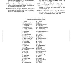 May include: Diagram of a lubrication pump with numbered parts and disassembly instructions. Includes a list of components such as screws, O-rings, and a hydraulic motor. The text includes measurements in inches.